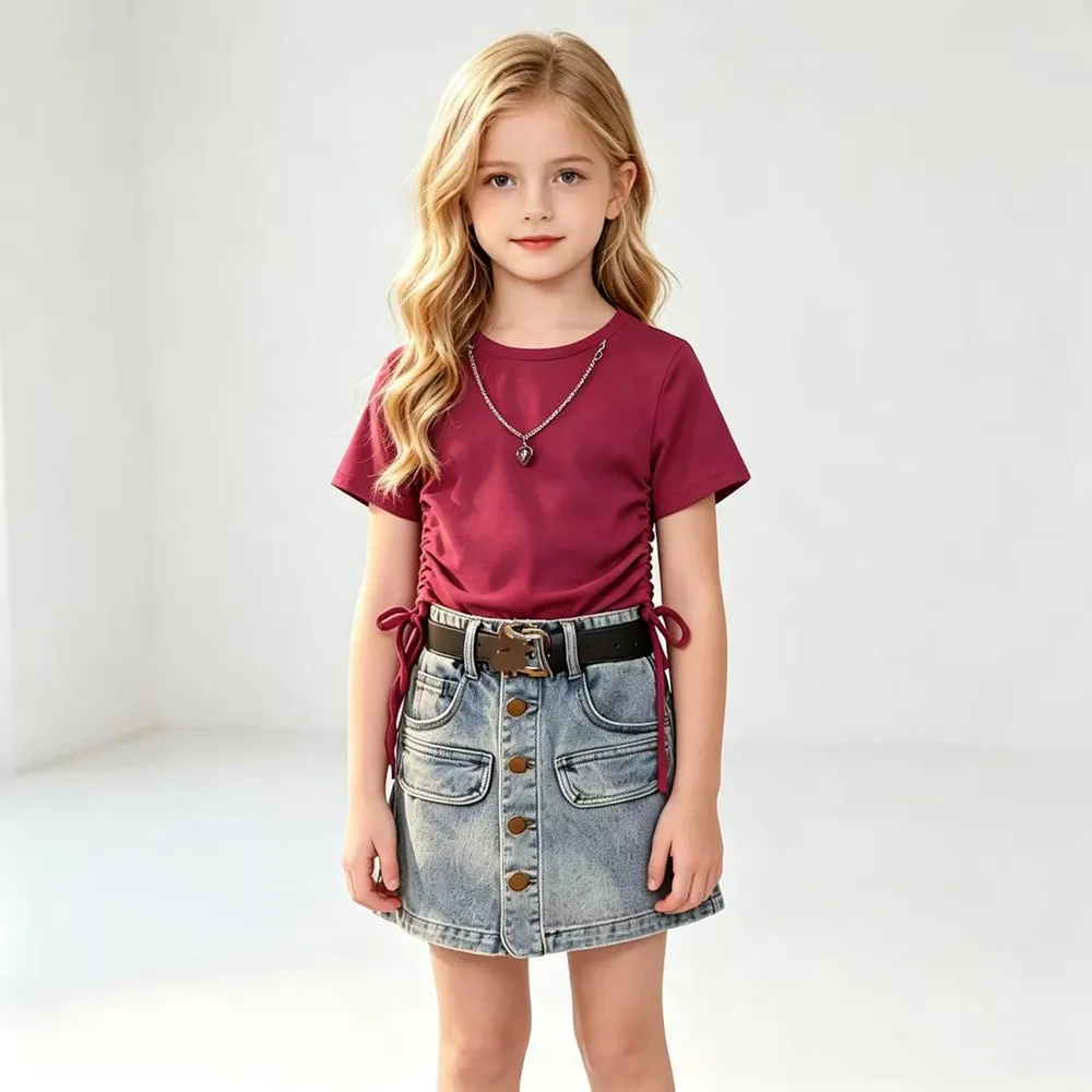 Girls' Summer Set Latest Children's Baby Drawstring Short Sleeve T-shirt Cowboy Skirts 2-piece Set 2-9Y No Belt