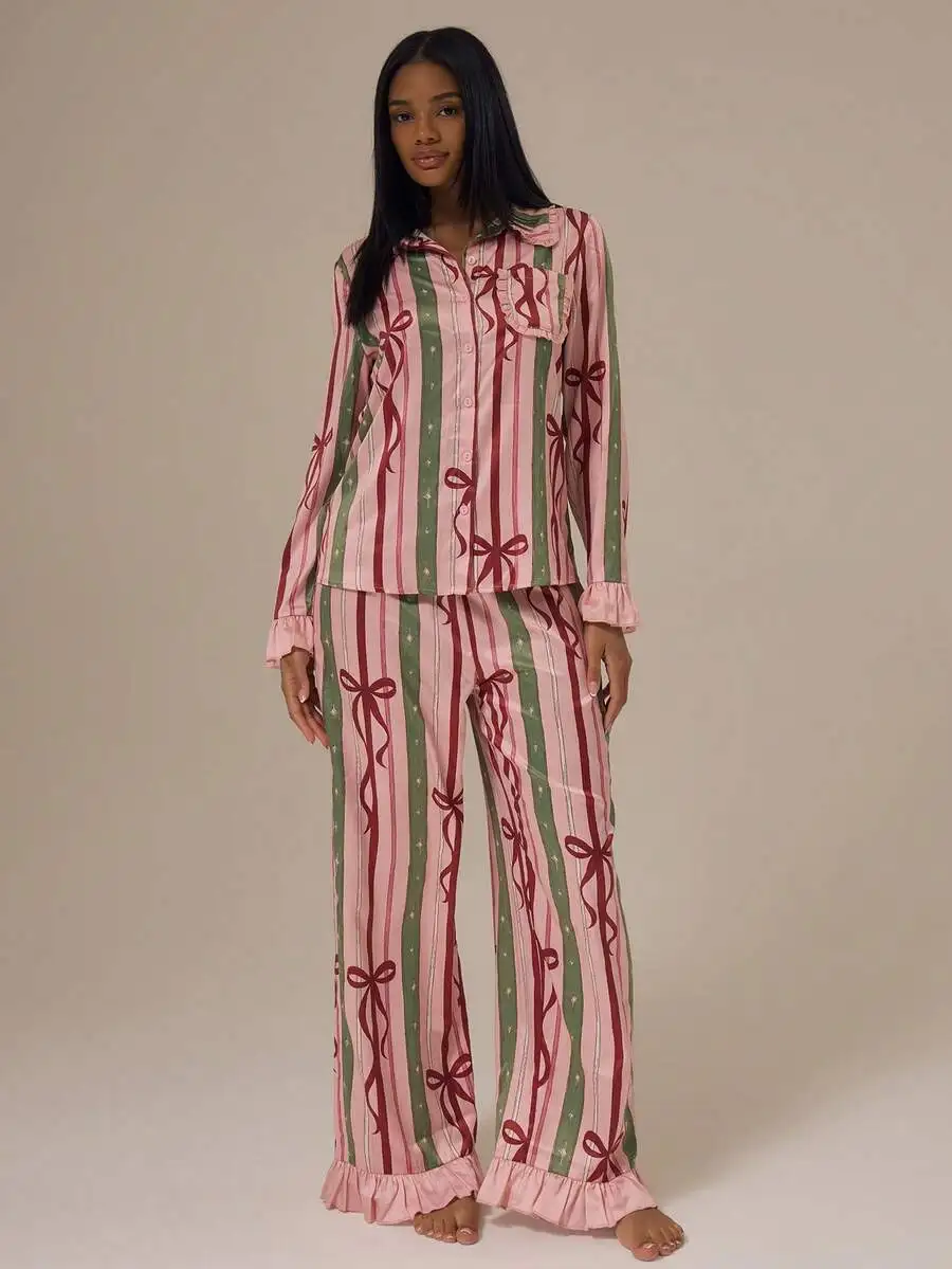 

Satin Bow Print Long Sleeve Collared Pajama Set With Frill Hem And Elastic Waist