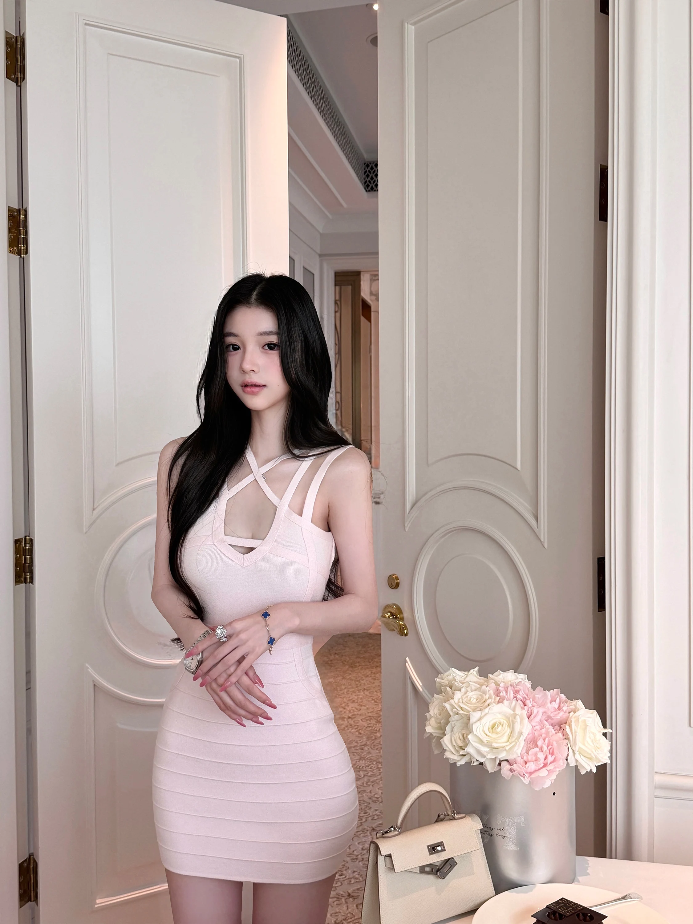 

Qiauuu Sakura Star Embroidered Thin Veil Cherry Blossom Pink Pure Desire Sexy Slim Wrap Bodycon Dress Women's Dress