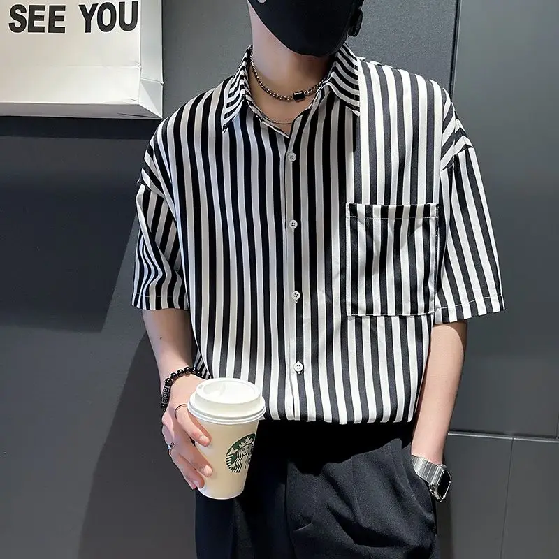 High-end Casual and Handsome Striped Men's Short-sleeved Versatile Trendy Brand New Fashion Shirt