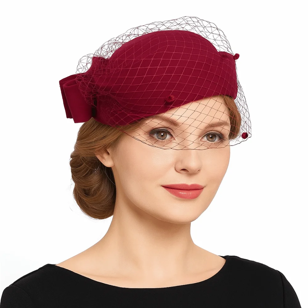 Vintage Mesh Wool Bow Hat with Veil British Style Solid Color Stewardess Cap Photography Decoration Warm Pillbox Hat Dinner