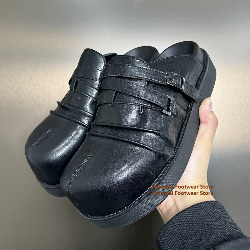 Black Crinkled Leather Platform Mules Slippers Buckle Strap Slip On Thick Sole Backless Casual Slides Shoes Trendy Men's Shoes