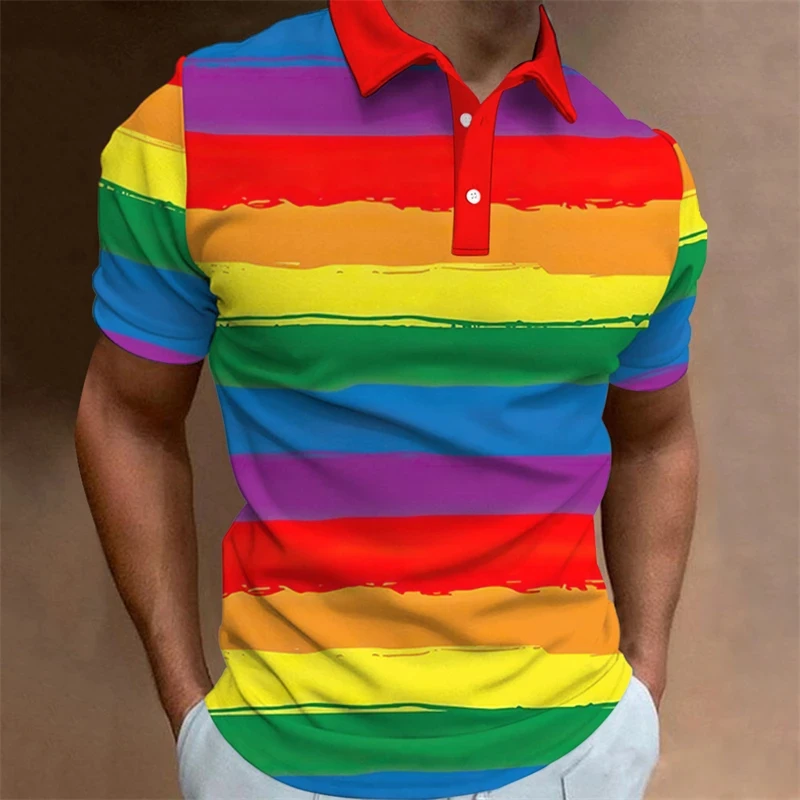 

Rainbow Colors Colorful Striped 3d Printing Polo Shirt Wave Gradient Design T-Shirt Short Sleeves Lapel Button Street Tee