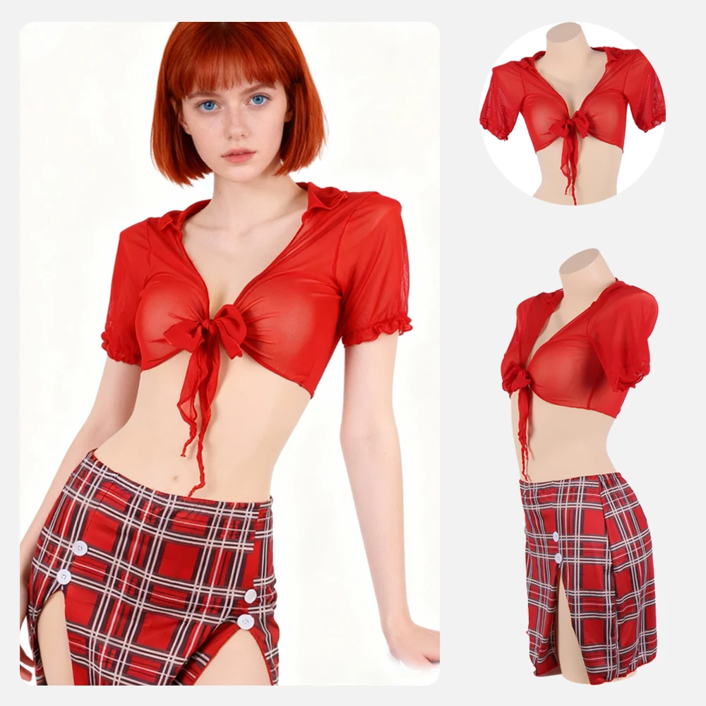 

Women Schoolgirl Lingerie Sexy Roleplay Short Sleeve Crop Top Slit Plaid Skirt Briefs Neck Tie Costume Lingerie Lace Cosplay