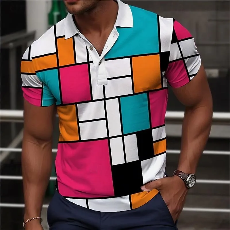Color Block 3D Print Polo Shirts Men\'s Casual Fashion Streetwear Oversized Button Short Sleeve Shirt Male Tees Tops Man Clothing