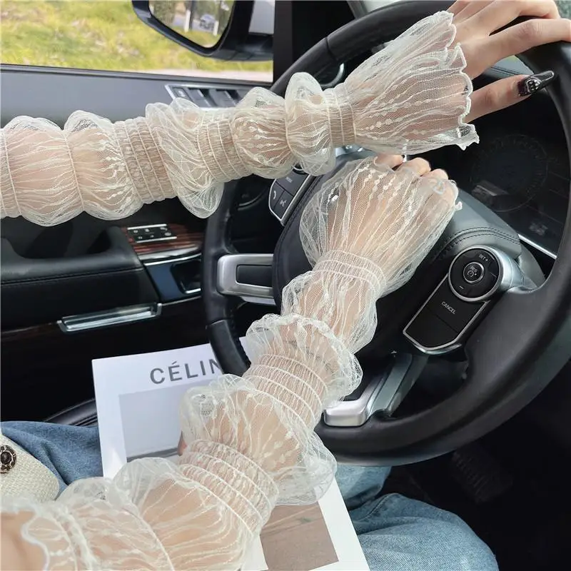 Women Summer Sexy Lace Sunscreen Dot Thin Mesh Elegant Drive Cycling Long Fingerless Gloves High Elasticity Soft Personality