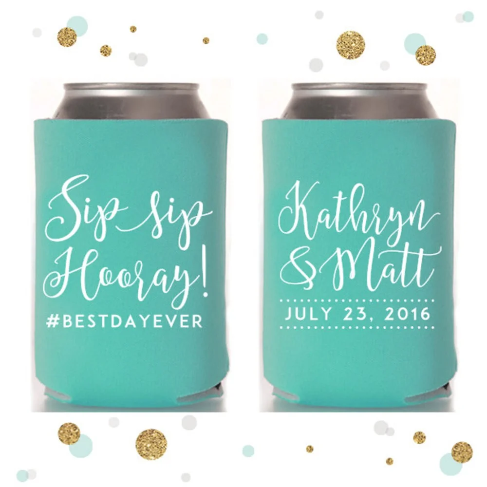 

Sip Sip Hooray - Wedding Can Cooler #50R - Personalized and Custom - Bridal Wedding Favors, Beverage Insulators, Beer Huggers