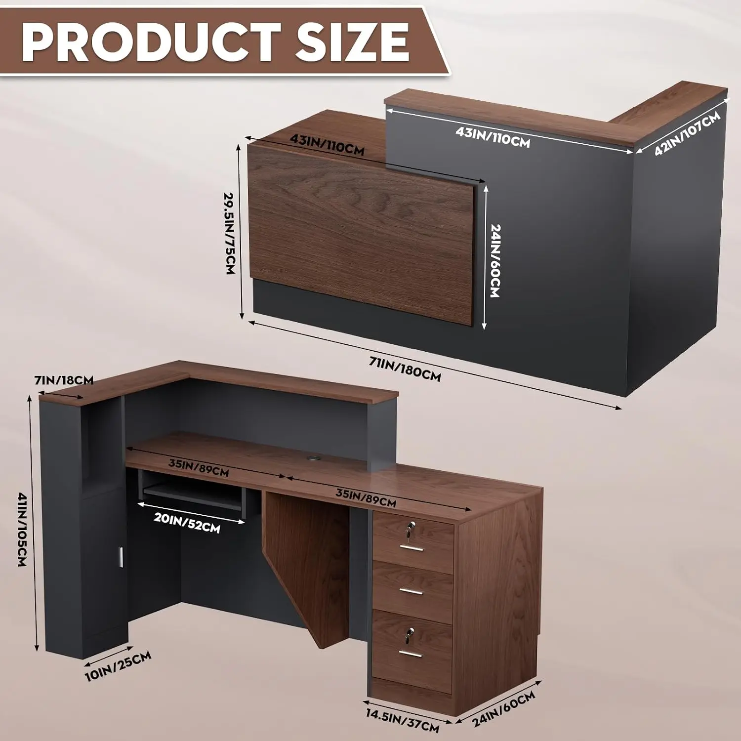 70.87IN Modern Wooden Commercial L Shaped Reception Desk with Counter, Lockable Drawers, Door Cabinet, Front Desk for Checkout,