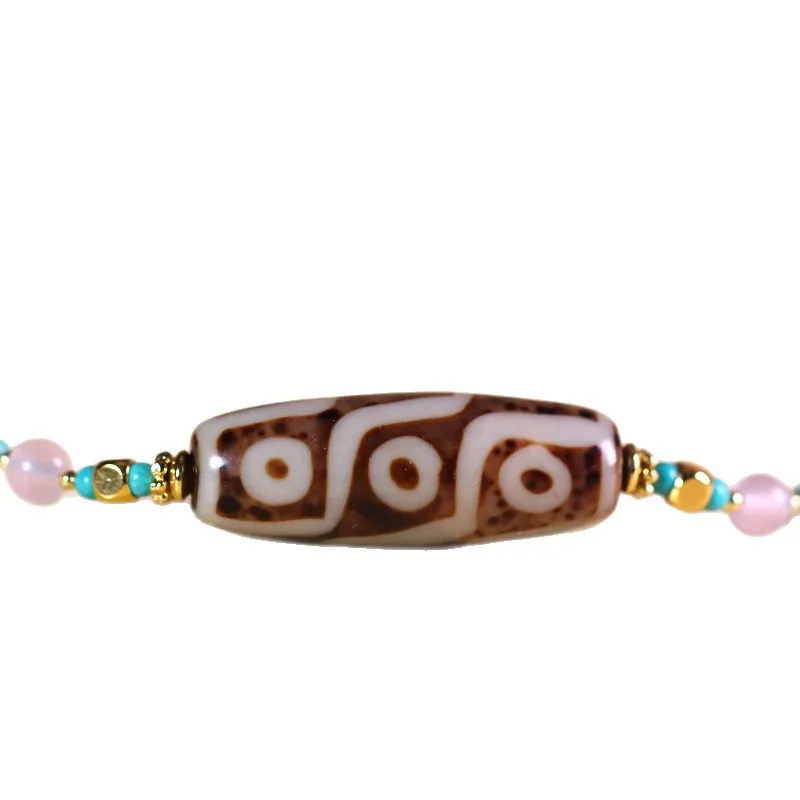 Tibetan natural authentic old mine raw agate nine-eye dzi bead turquoise collarbone necklace, approximately 14x39mm
