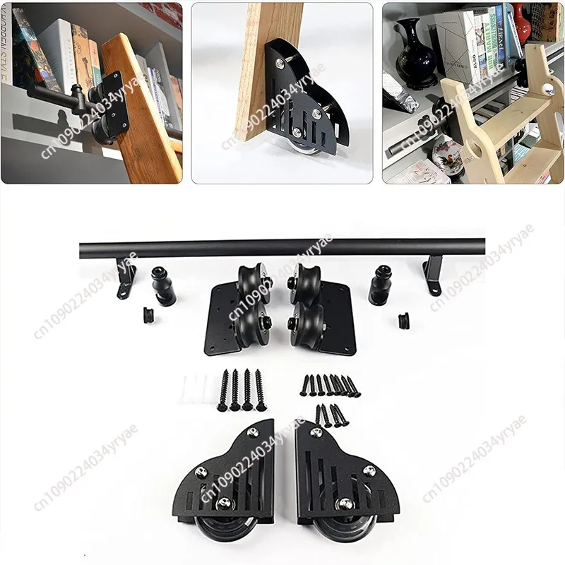 13FT(400cm) Sliding Library  Hardware Kit No Ladder，Black Rustic Round Tube Rolling Ladder Track,Floor Roller with Brake,Indoor
