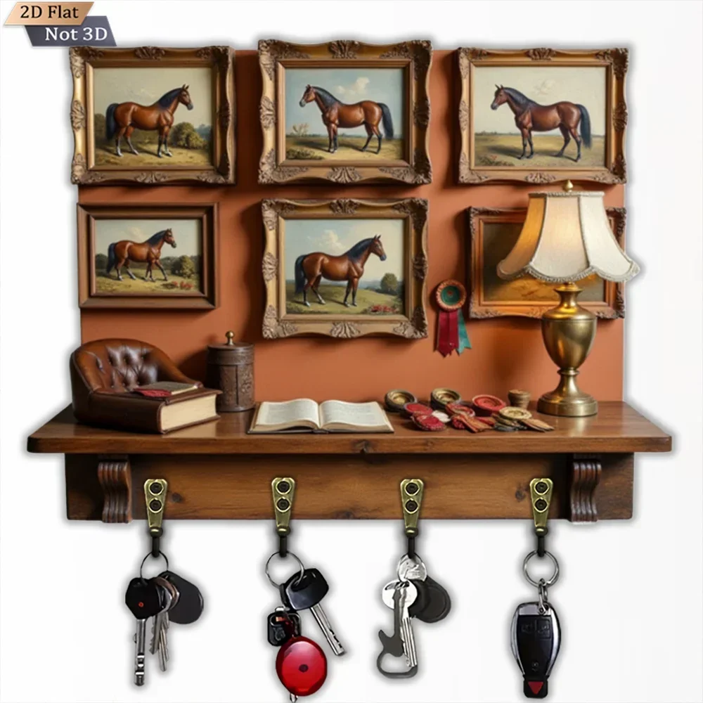 2D Flat, 1pc, Retro Horse Grain Key Hook, Wooden Multifunctional Home House Key Hook with Four Metal Hooks, Wall Decoration,