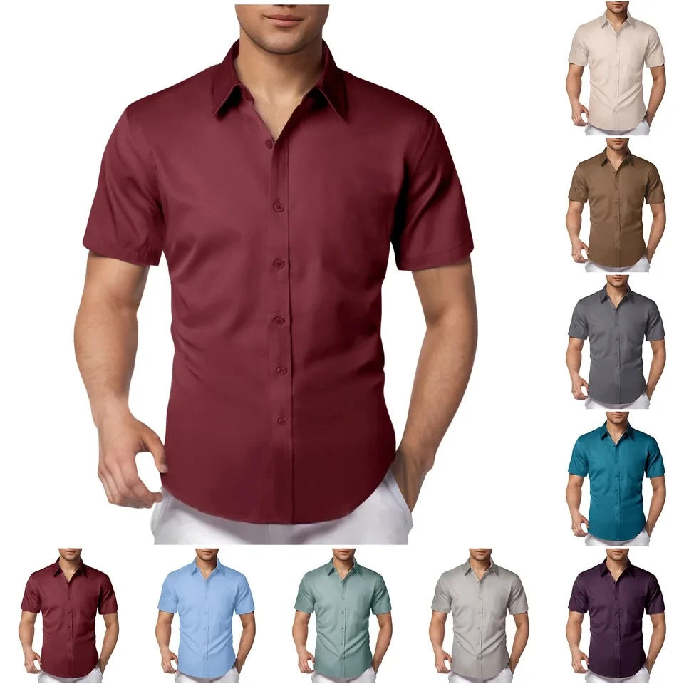 

New Men's Social Shirt Short Sleeve Button Down Buinesss Casual Shirts For Men Summer Solid Color Formal Shirt Man Clothing