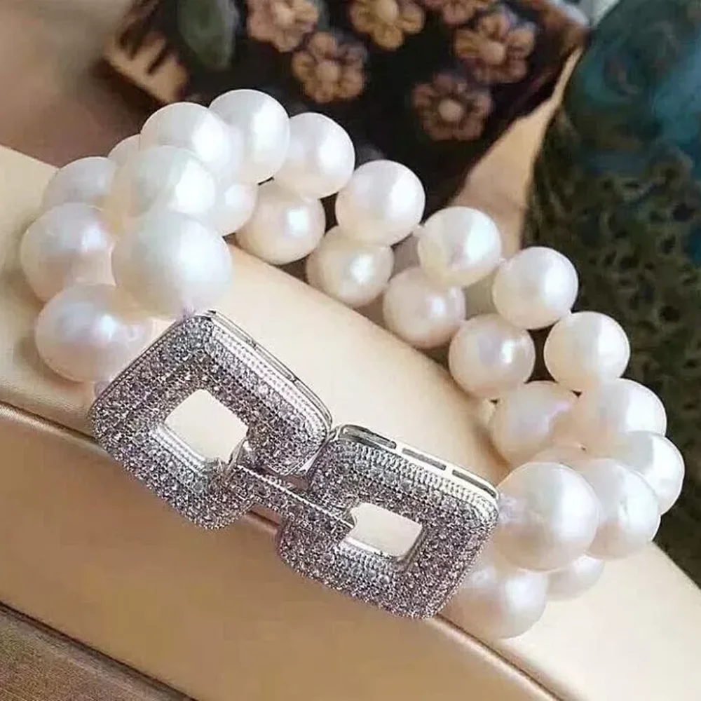 Two rows of AAA 10-11 mm round South Sea white pearl bracelet 7.5-8 inch 925s