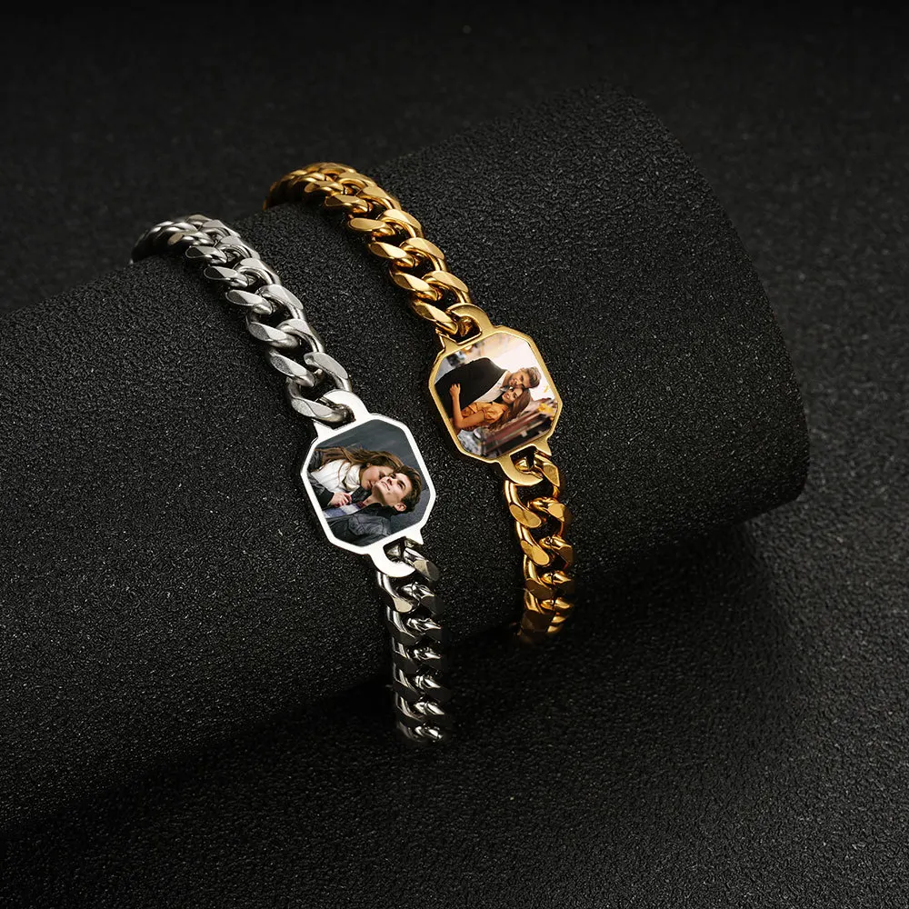 

Stainless Steel Octagonal Photo Bracelet Custom Picture Cuban Chain Temperature Sensing Color Changing DIY Couple Jewelry