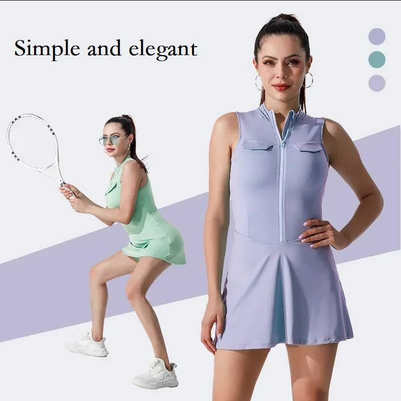 Summer Women's Tennis Dress Fashion 2-in-1 Tennis Golf Sports Dress Ladies Zipper Collar Fitness Workout Skirts with Inner Short