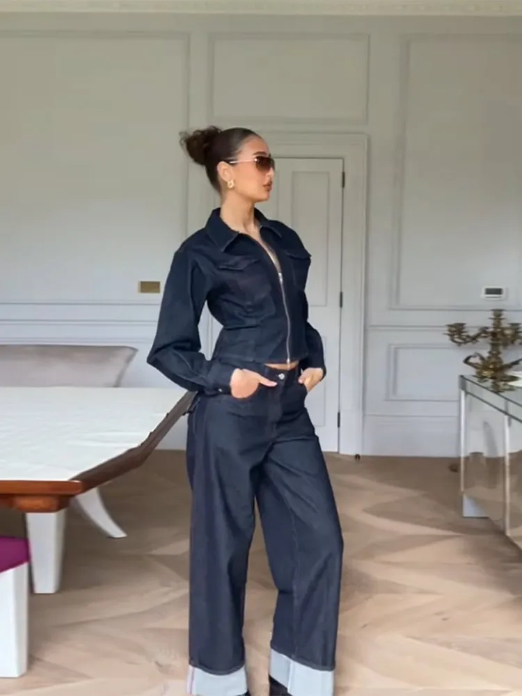 Giacca di jeans da donna Set di jeans Cappotto corto con risvolto con cerniera vintage e pantaloni a gamba larga a vita alta per donna Casual alla moda in due pezzi