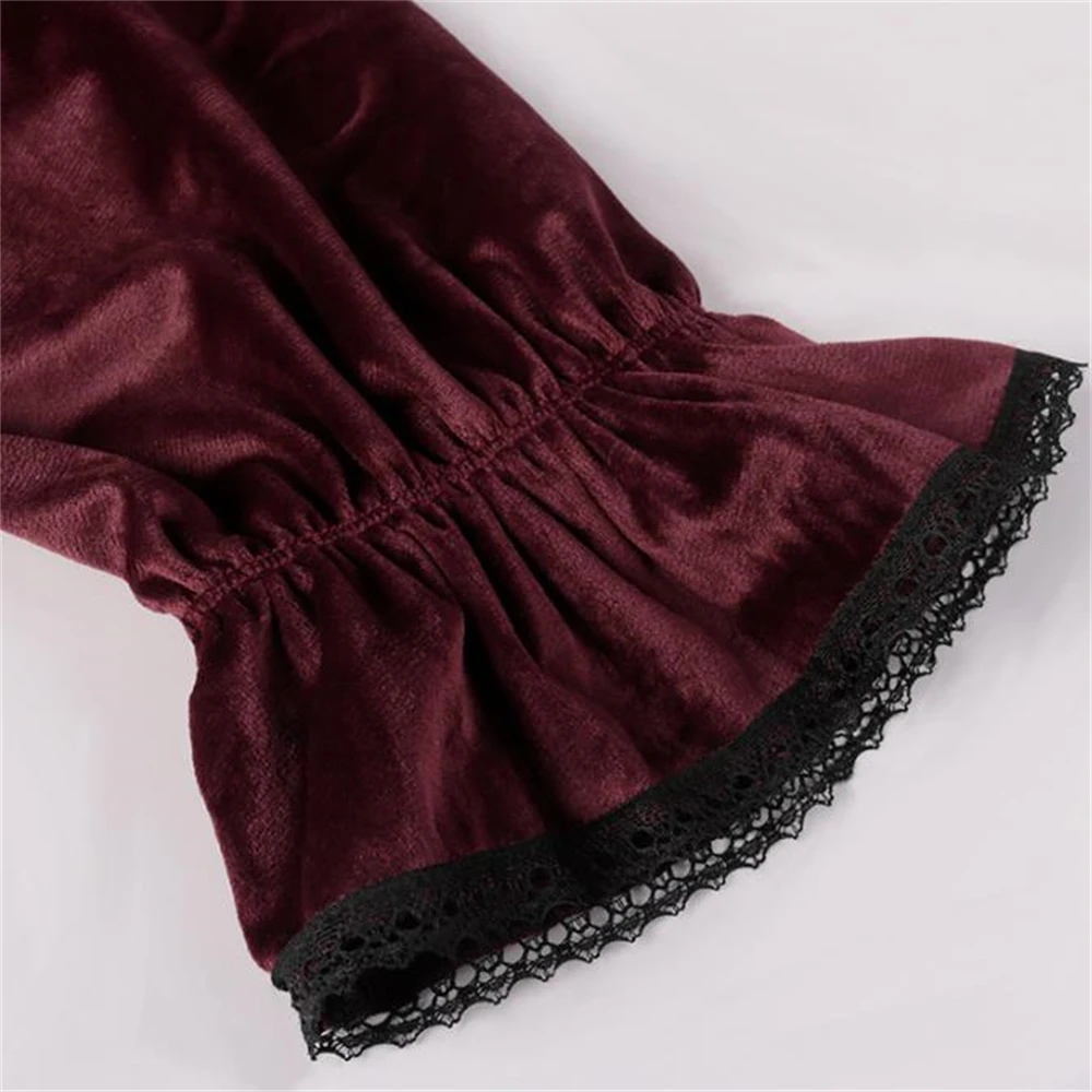 Vintage Men\'s Velvet Ruffle Shirts Medieval Victorian Blouse Long Sleeve Wine Red Lace Trim Steampunk Vampire Halloween Costume