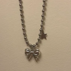Gothic Ribbon Bow Star Charm Pendant Necklace for Women Y2K 90's Chunky Bead Chain Bowknot Necklace Grunge Emo Jewelry