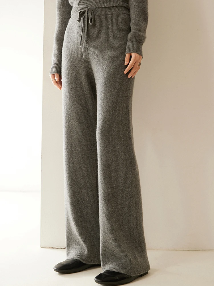

Fall Winter Pants 100% Cashmere Pants Women Trousers Basic Lace-up Elastic Waist Solid Straight Pants Ladies Leisure Comfortable