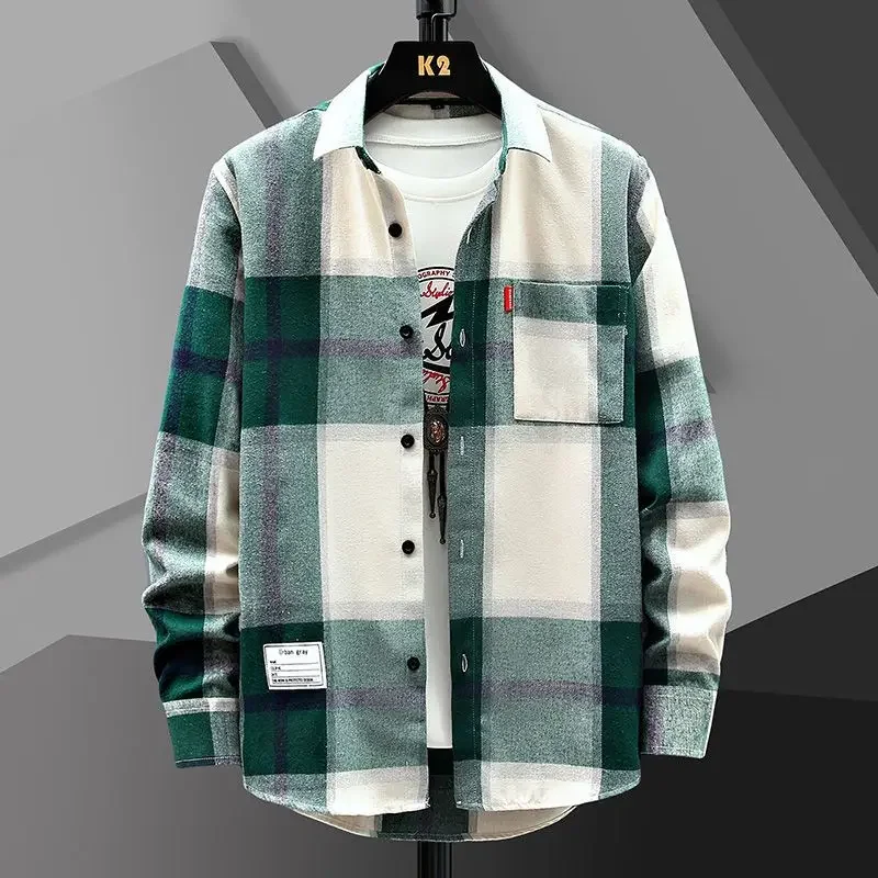 

2024 New Spring and Autumn Men's Lapel Loose Plaid Button Printed Pocket Casual Fashion Elegant Commuting Long Sleeved Shirt