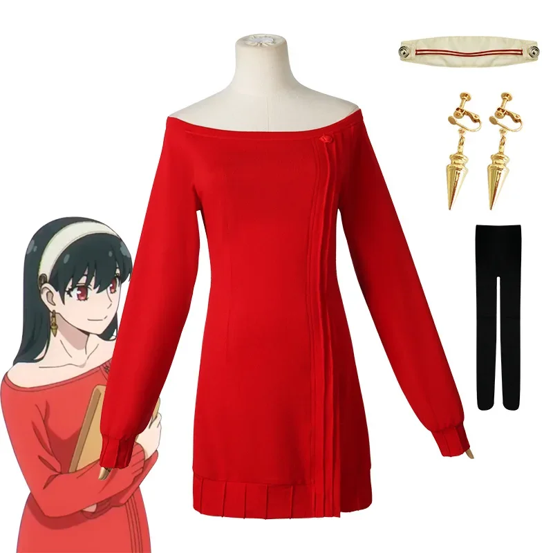 2025 Disfraz de Cosplay de la familia de Anime Yor Forger Yor Briar, disfraz de mujer, suéter rojo Sexy, Mini vestido