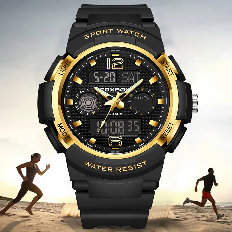 

FOXBOX повседневные спортивные электронные часы для мужчин, модные роскошные простые двойные цифровые силиконовые 5 бар, водонепроницаемые, дата, Reloj Hombre + коробка