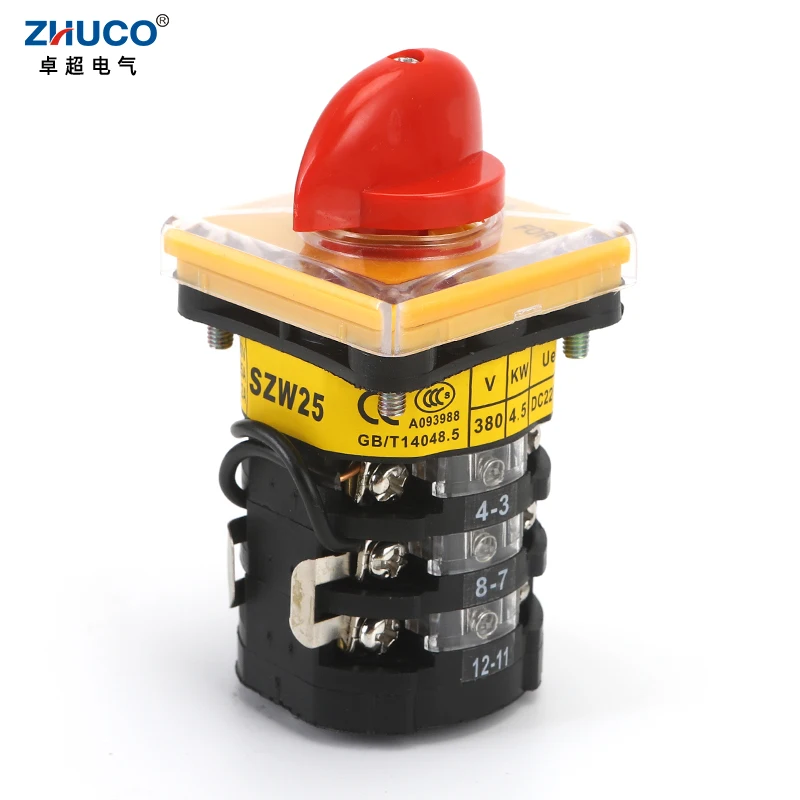 ZHUCO SZW25-48D/3 25A REV STOP FOR 3 Position Three Pole 12 Screw Yellow Panel Knob Rotary Cam Switch For Meat Grinder Equipment