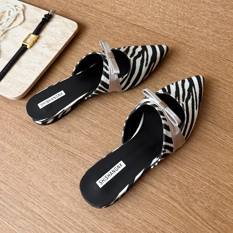 Pointed Toe High Heels Women Dot Sandals Summer Singbacks Mules Shoes Butterfly-knot Stripper Party Sandalias Low-heel Shoes