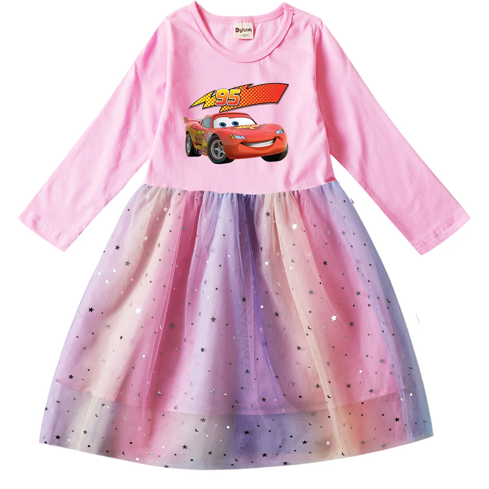 Pixar Cars Lightning McQueen Dresses Party Long Sleeve Costume Fall Dresses for Girls Teen Children's Prom Mesh Dresses