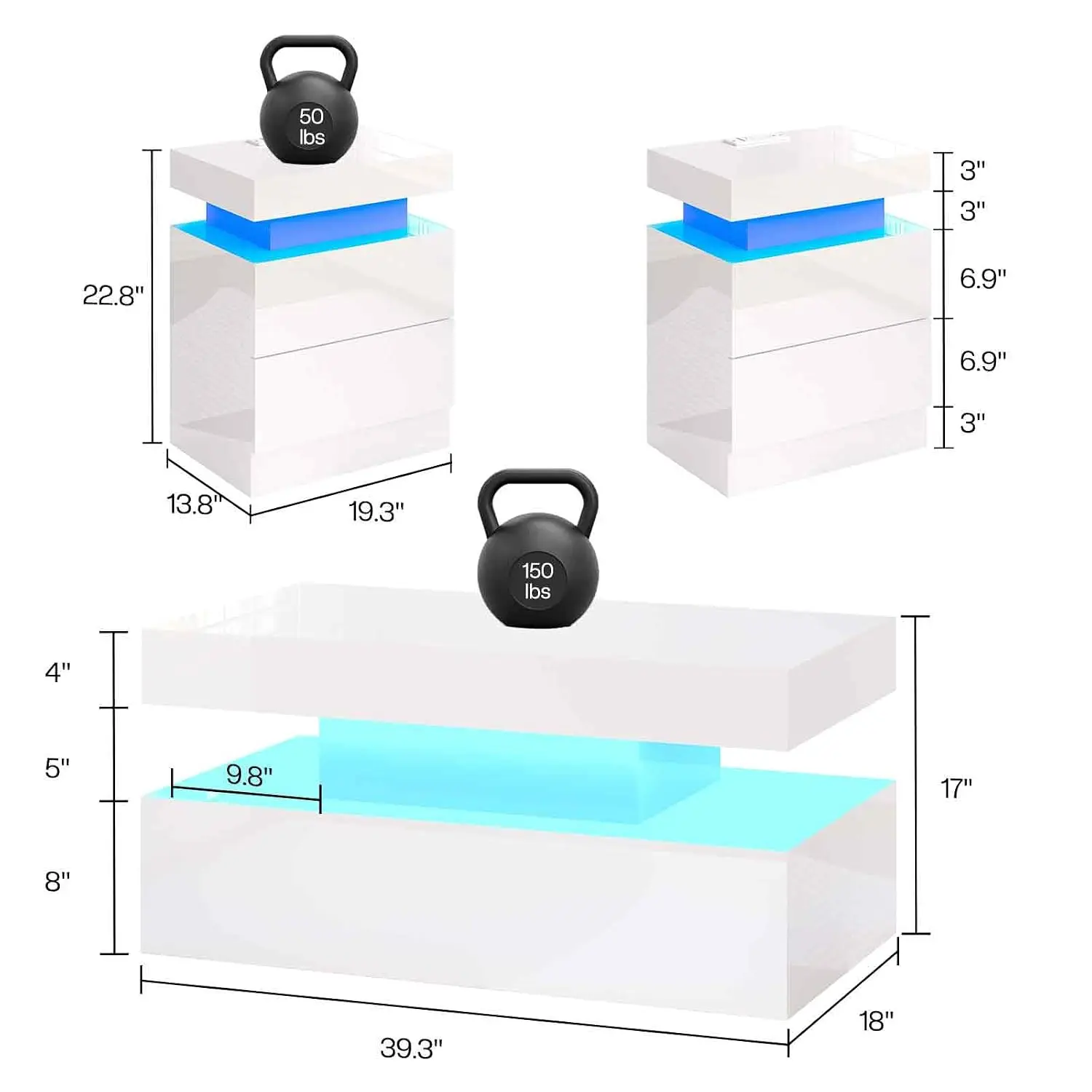 3-Piece Modern Coffee Table Set With LED Lights, Customized