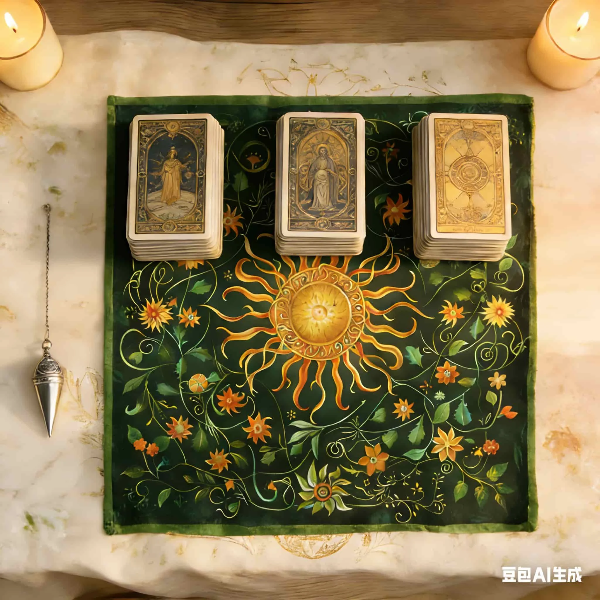 1 pièce Nappe de Tarot Florale Verte, Tapis de Divination Astrologique pour Sorcières, Décoration d'Autel pour la Sorcellerie Spirituelle