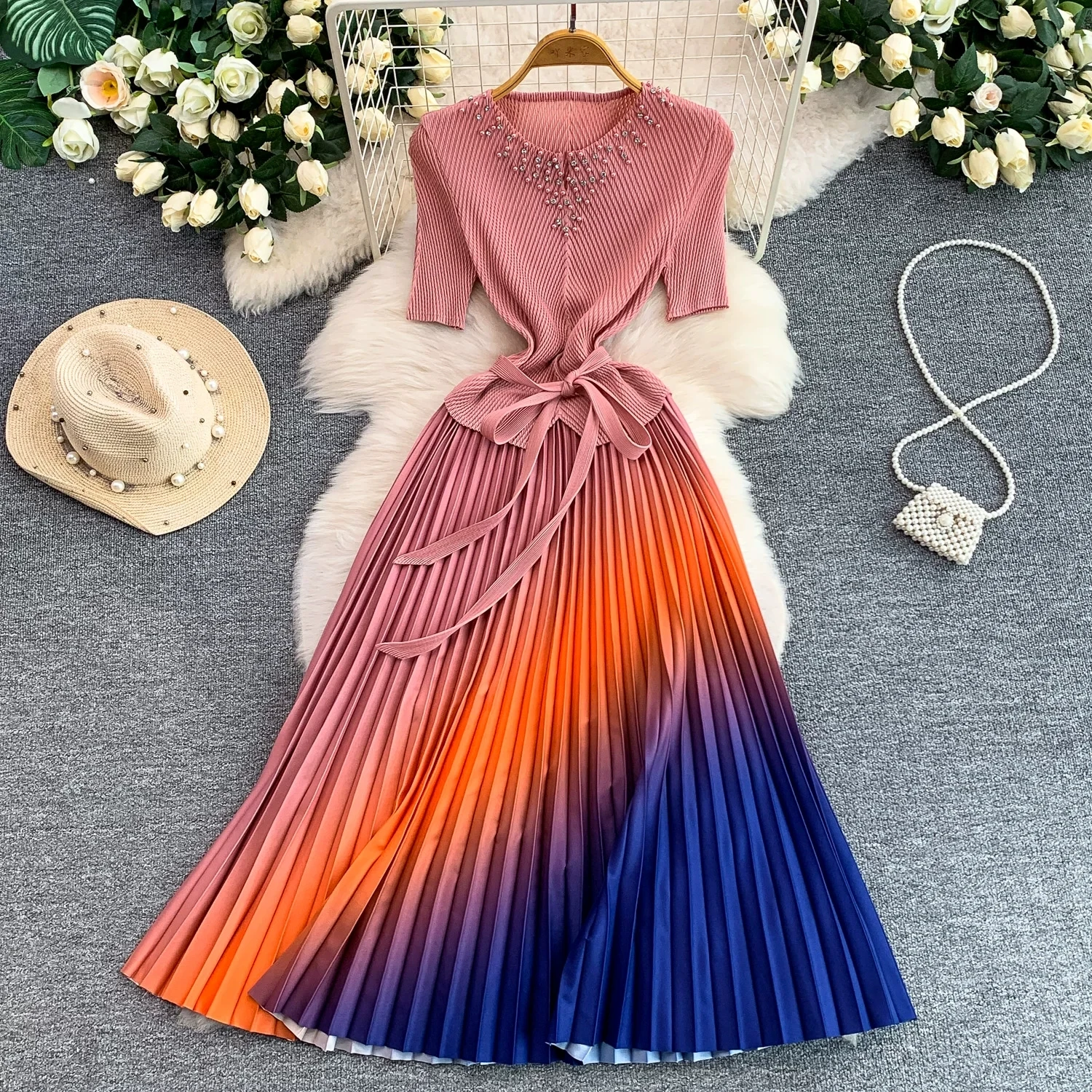 Miyake Pleated Gradient Print Fashion Dress Beading V-Neck Summer Loose Slim Fit Medium Length Dress Women's Clothing 2026 New