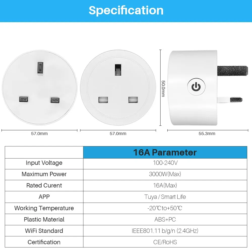 Tuya Smart Plug WiFi 16A UK Socket With Power Monitor Voice Control Timing Power Socket Smart Life Support Alexa Google Home