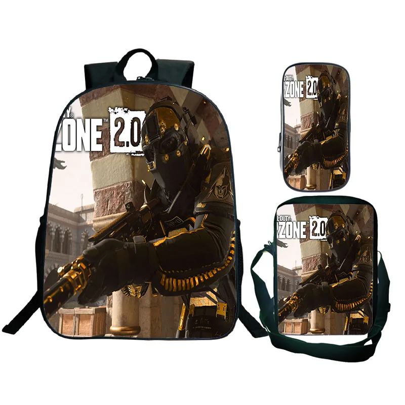 3D Call of Duty Warzone Mochila para Crianças, Bolsa de Escola, Bolsa de Ombro, Pen Case, Impermeável, Mochila de Viagem, Meninos, Meninas, 3Pcs, Conjunto