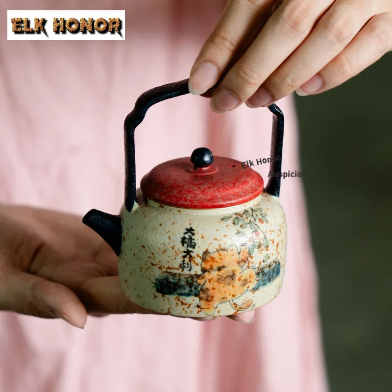 Imagen 3: Tetera con mango de elevación de gato pintada a mano de 110ml, tetera con Infusor de té antiguo, tetera para preparar té con colador, juego de té chino artesanal