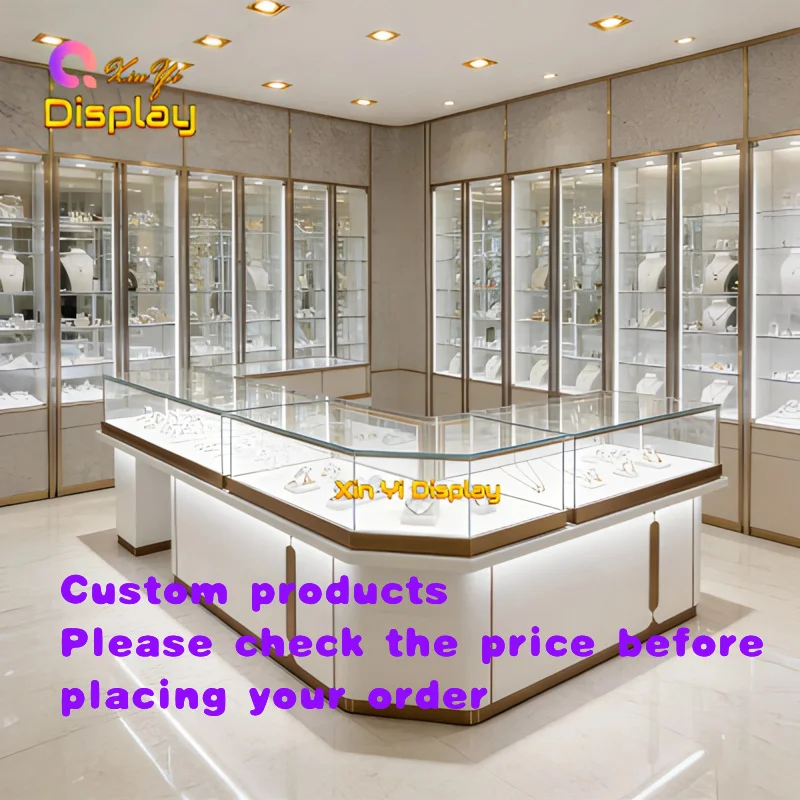 custom.Customized Stainless Steel Jewelry Kiosk System Eco-Friendly White Base Frame LED Lighting Modern Profession