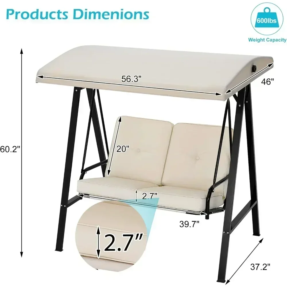 Outdoor Patio Swing Chair for Adults, Porch Swings with Adjustable Canopy, Outside Swing Bench with Removable Cushion