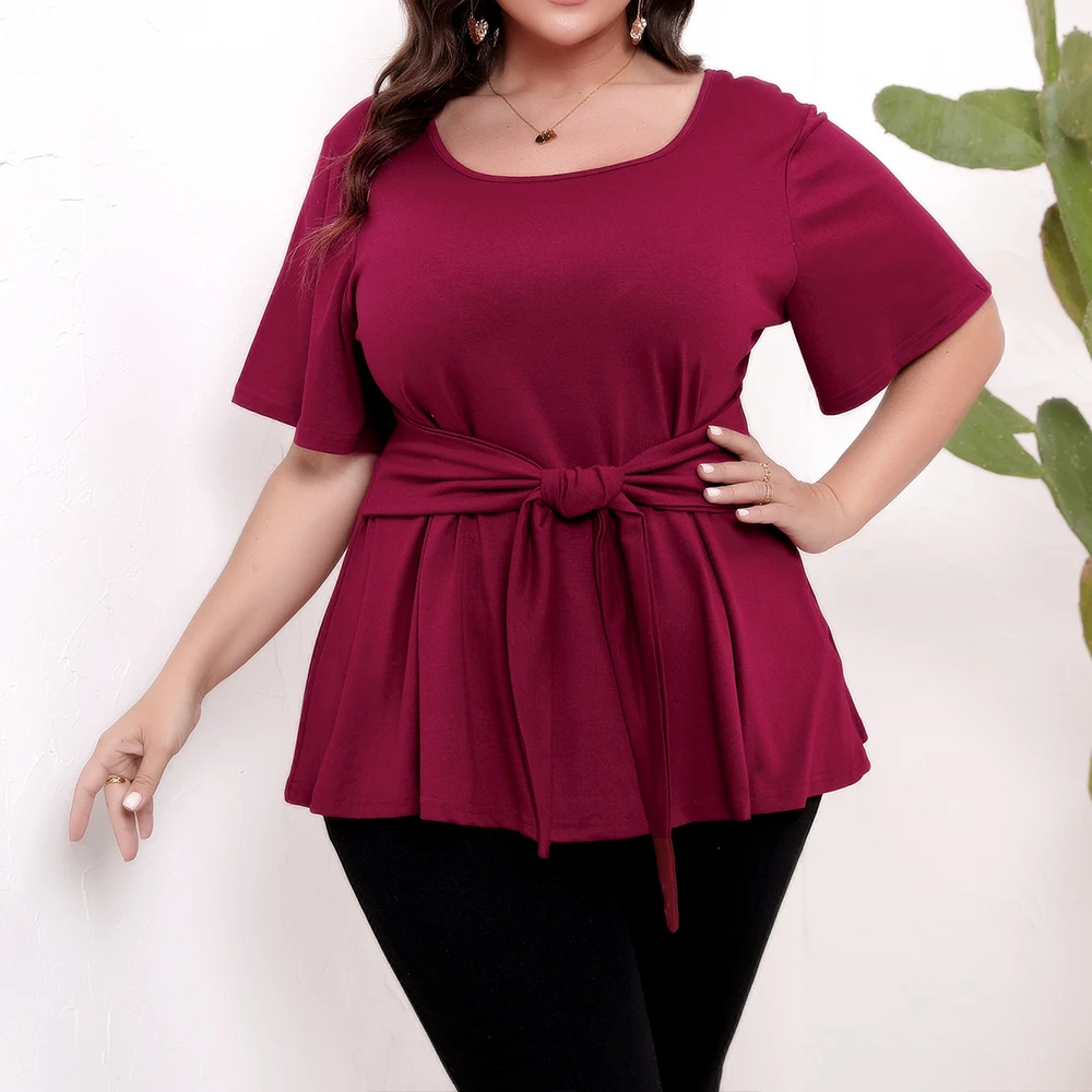 Blusa tipo túnica con cordones y manga corta con cuello redondo para mujer, Tops de talla grande, Jersey informal de verano para mujer, camisetas, talla 1XL-5XL