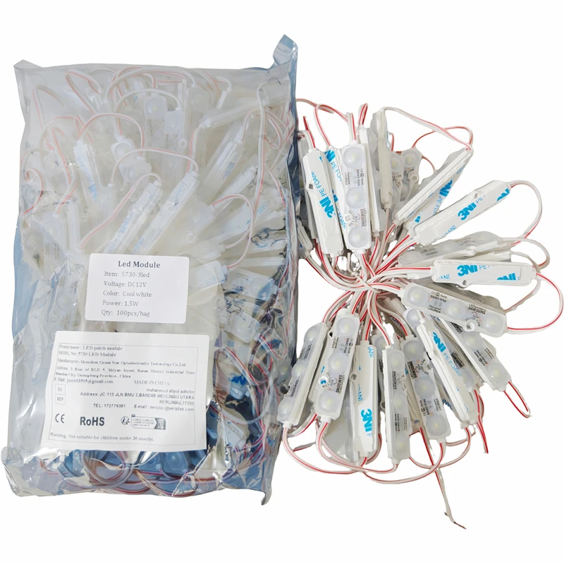 100PCS/bag 5730 LED MODULE DC12V 3LED 1.5W Ultrasonic Injection Light Waterproof IP68 For Letter Sign Advertising Sign