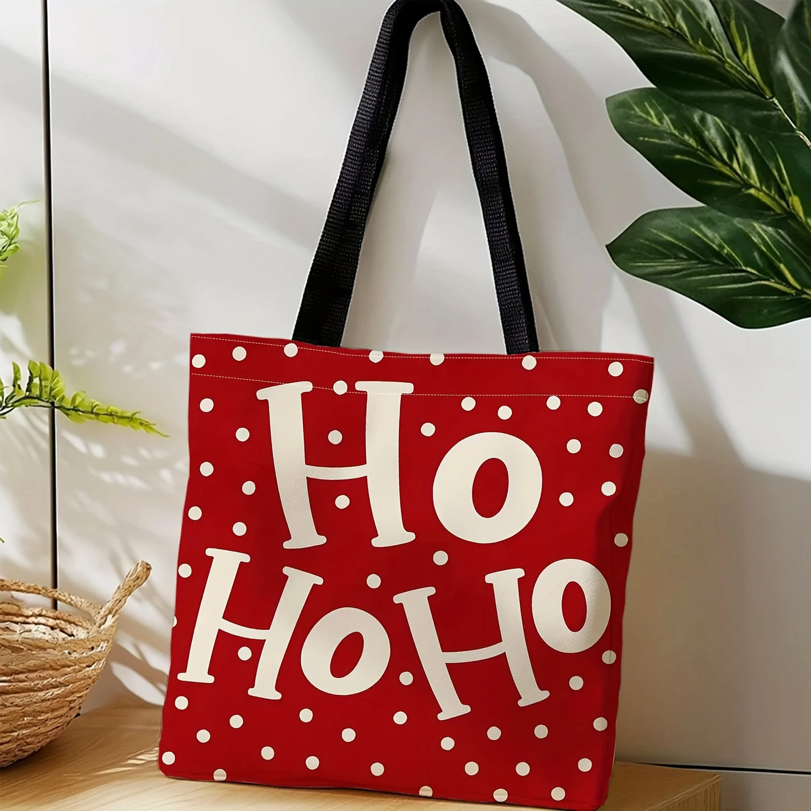 1pc [Tote Bag] 2D Flat Effect, New Large Capacity Red Polka Dot Base Color Ho Ho Ho Christmas Fun Artistic Text Print Tote Bag