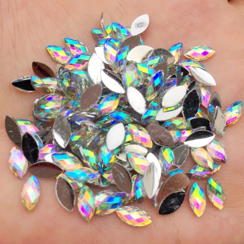 YUSDTSHA White AB color Crystal Flat Back Horse Eye Rhinestones Acrylic Gems Glue Beads Non Sewing Crystal Stones for Crafts