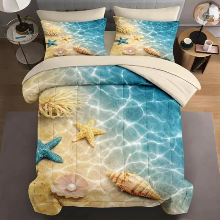 

7 Pcs Size Comforter Set with 2 Pillowcases and 2 Shams Summer Bedding for and Adults Blue Ocean Sea Shell Bed in a Bag with Fl