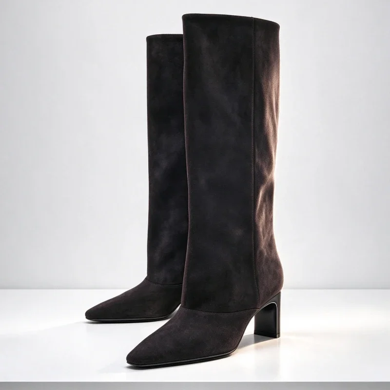Brown Suede Block-Heel Women’s Knee-High Boots Pointed-Toe Pull-On Design Winter Long Boots Street-Style Comfortable Botas Mujer