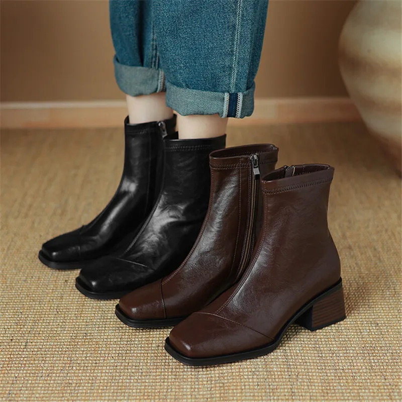 Autumn Winter Pu Leather Women Boots Fashion Square Toe Shoes for Women Short Boots Women Mujer High Heel Elastic Slimming Boots