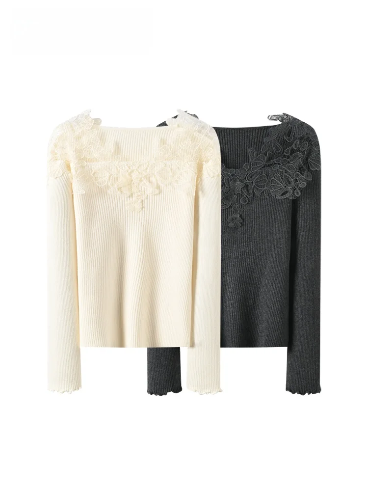 

CaraCLUB plus Size Long Sve Knitted Sweater Women's Autumn Winter New Sle Lace Splicing Plump Sister's Personali Sweater