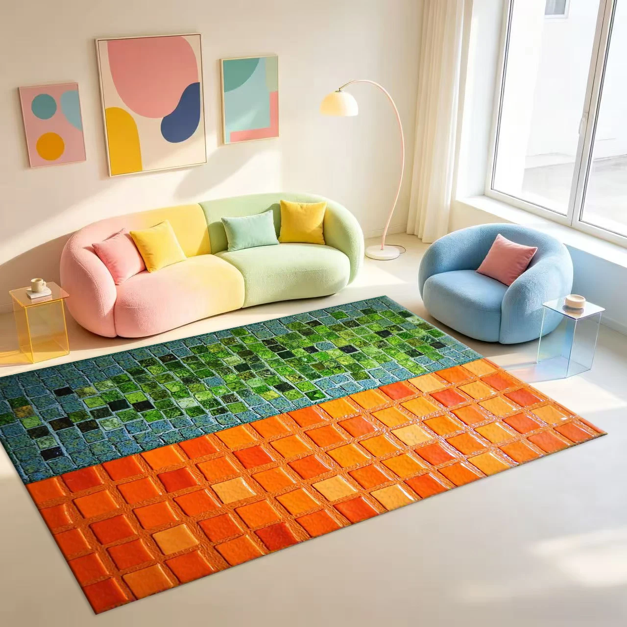 Green and Orange Color-Blocked Mosaic Tile Carpet in Retro Collage Style for Home Hallway Flooring