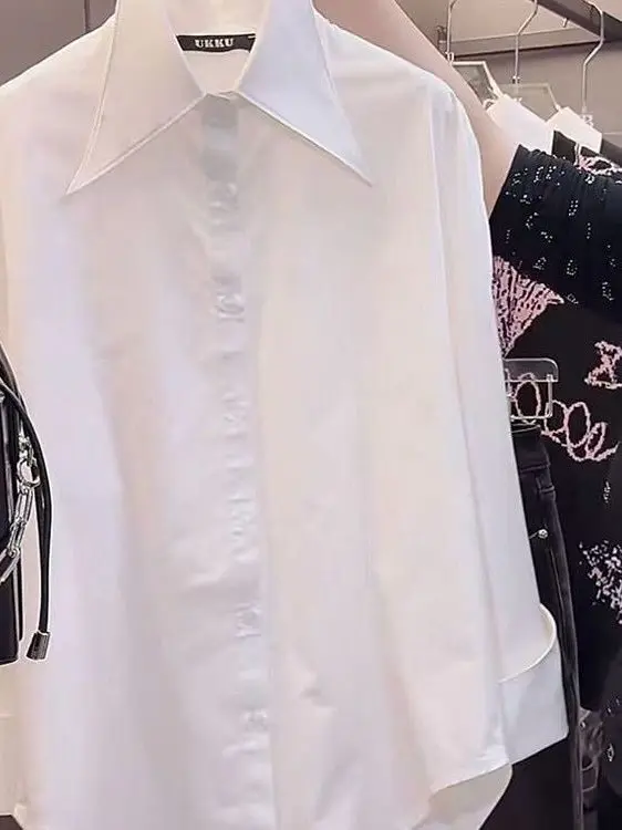 

Женская рубашка в корейском стиле, минималистичная, с длинными рукавами и свободным воротником, весенне-осенняя, повседневная, для ношения под одеждой, белая, универсальная, модная.