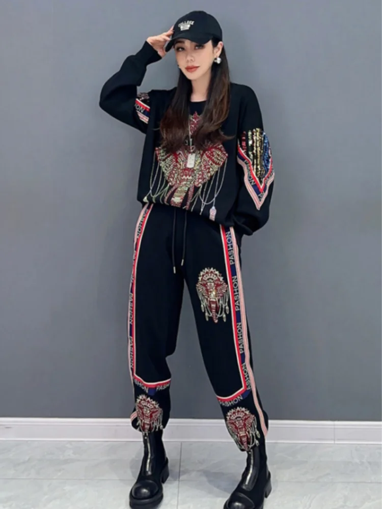 Vefadisa 2024 Autumn New Black Hot Diamond Cartoon Elephant Women O-neck Long Sleeved Top Casual Pants Two-piece Set ZXY633A