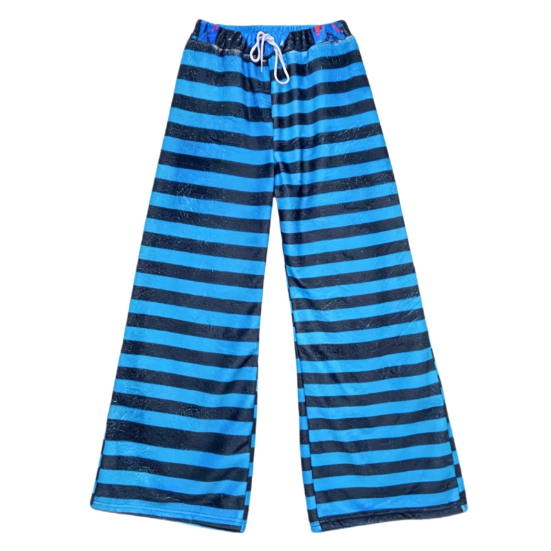 Design original subcultura azul listrado impressão calças casuais femininas outono inverno novo solto velo-forrado calças quentes senhoras