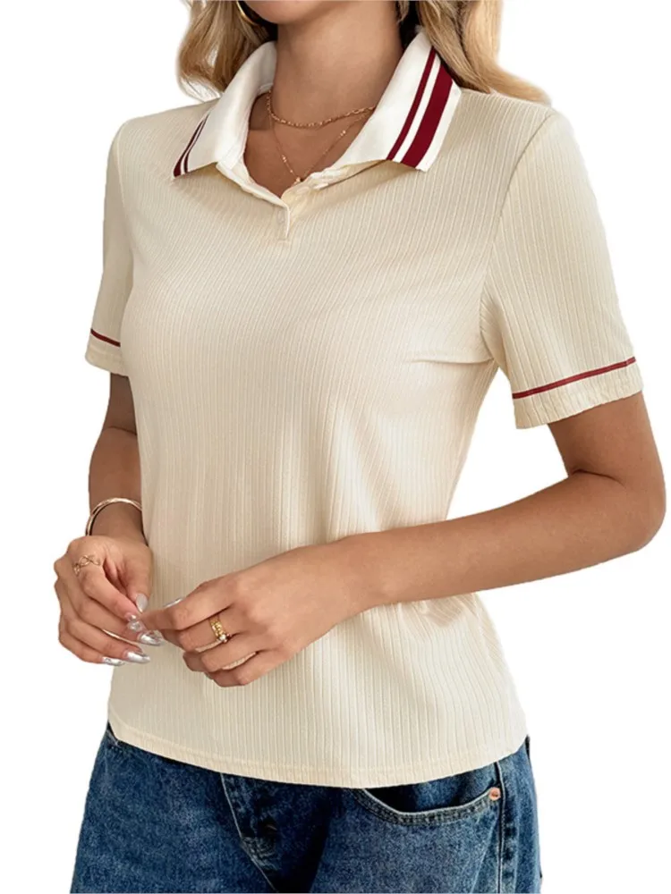 Frühling Sommer Einfachen Stil Casual Pendler frauen POLO-Shirt Modische Farbe Block Gestrickte Kurzen ärmeln Lose T-shirt Top